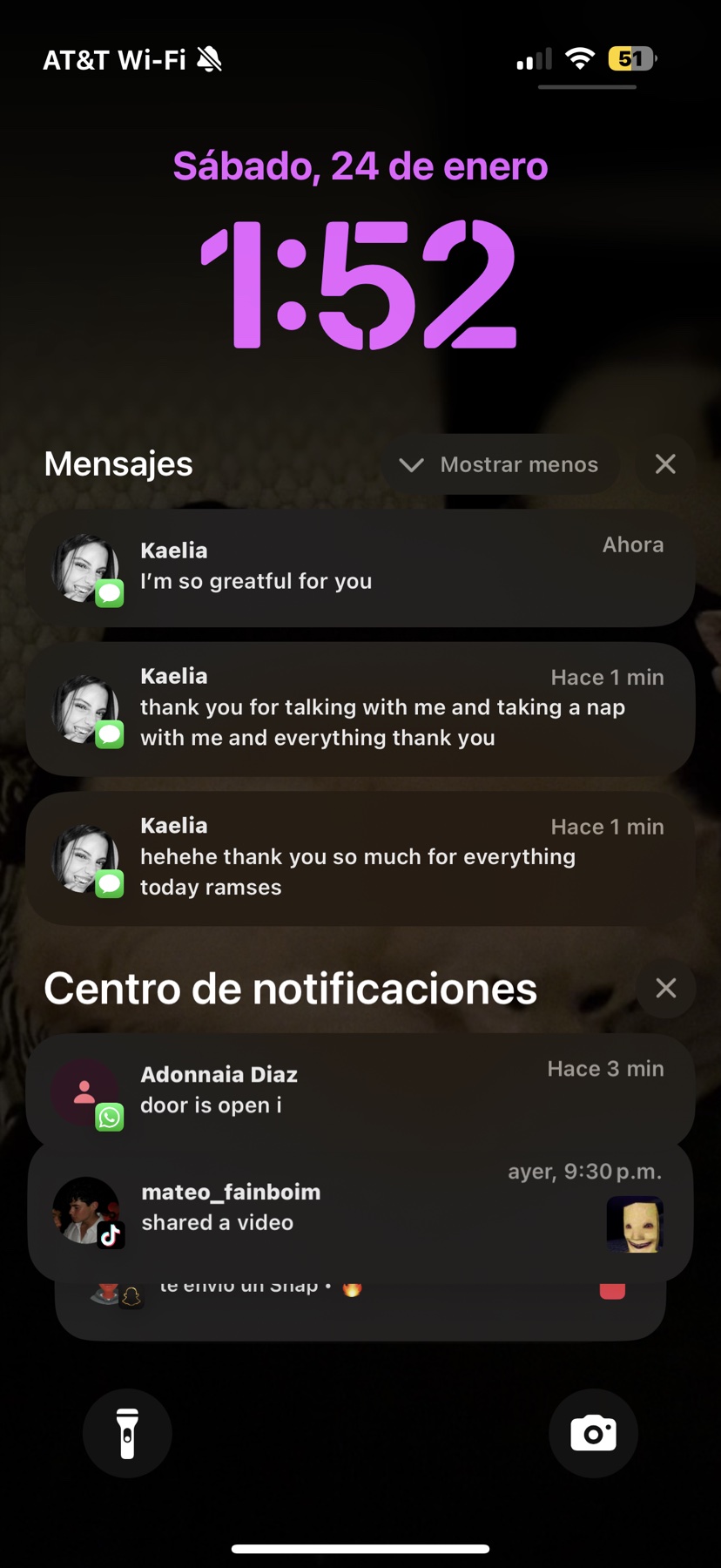 Late-night notifications from Kaelia after talking and taking a nap together on January 24